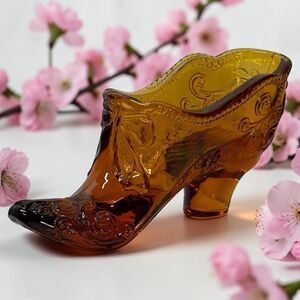 Vintage Mosser Glass Victorian Amber Glass Shoe / Slipper with Scroll & Bow